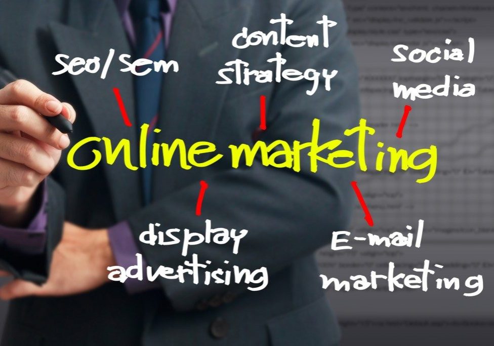 Businessman pointing at On line Marketing word for On line business concept Businessman pointing at On line Marketing word for On line business concept